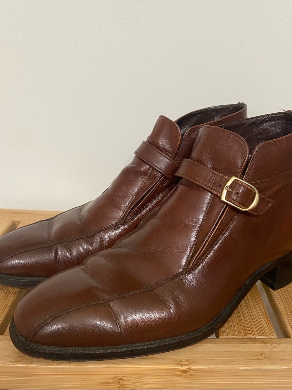 Florsheim Imperial Brown Leather Monk Strap Ankle Boots with Gold Buckle
